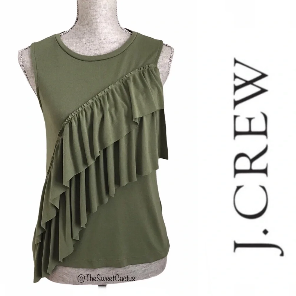 J.Crew Olive Green Asymmetrical Ruffle Tank Top Sleeveless Knit Blouse Small